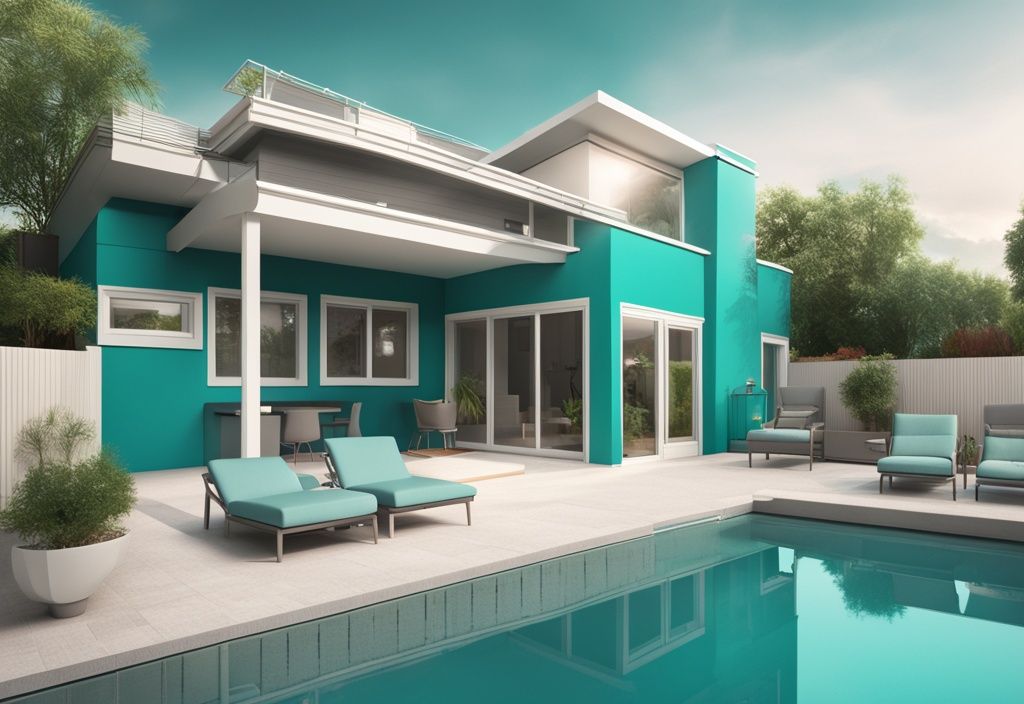 Modern photorealistic illustration of real estate capping concept with a teal theme, featuring a house with a price tag, and overlaying graphs showing potential profit and ROI.