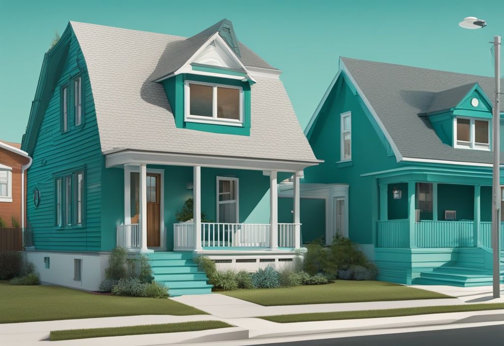 Photorealistic illustration of two neighboring houses with teal color theme, depicting property boundary dispute with one owner encroaching on the other's land.