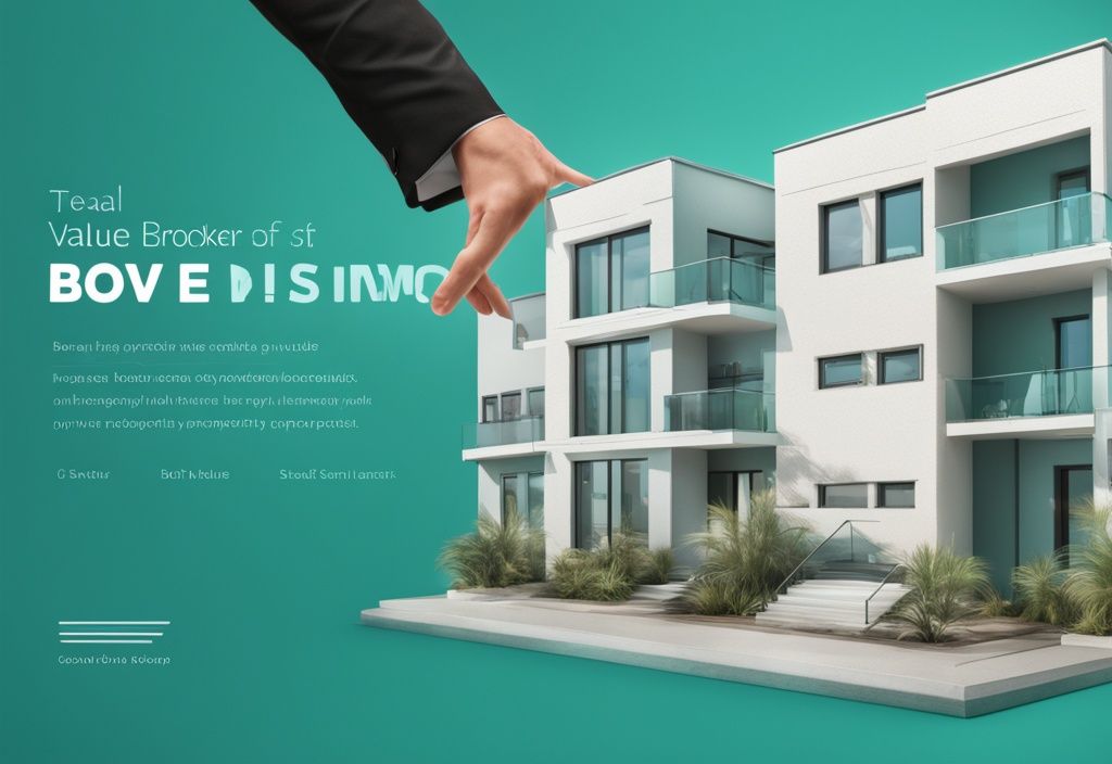 Real estate agent presenting BOV document to property investors in teal-themed photorealistic illustration.