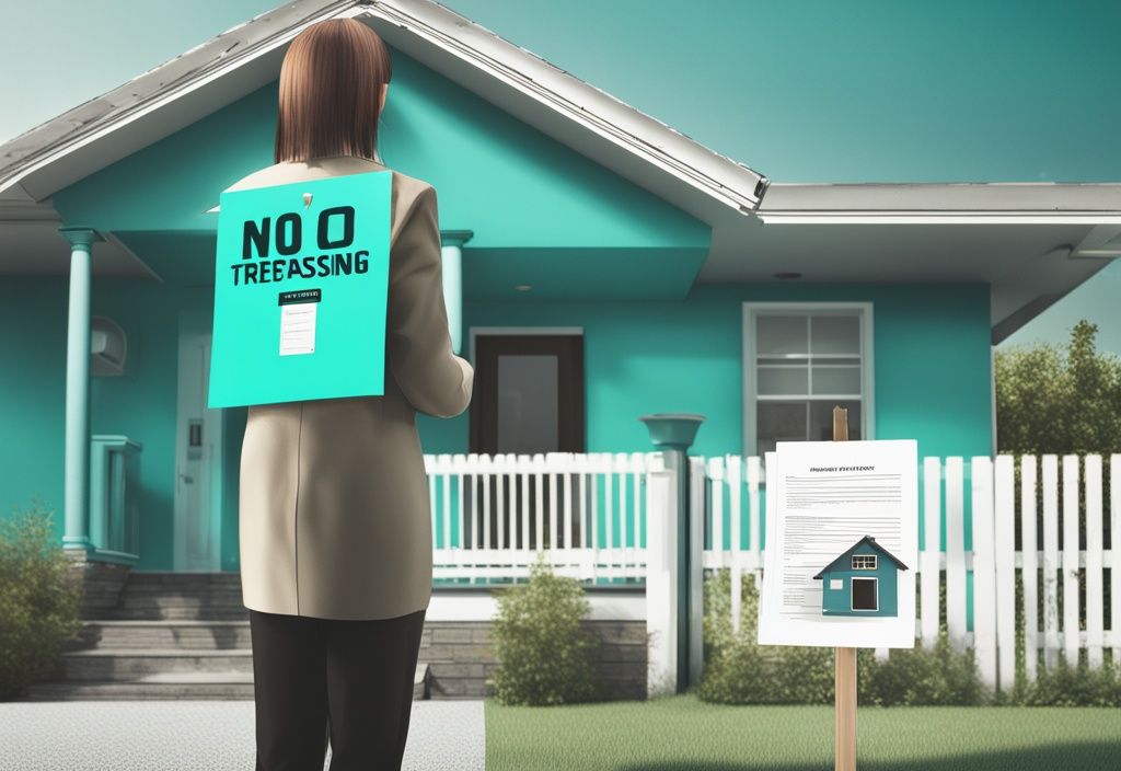 A modern photorealistic illustration depicting a person with a property deed in front of a house with a 'No Trespassing' sign, illustrating what is adverse possession in real estate, with a teal color theme.