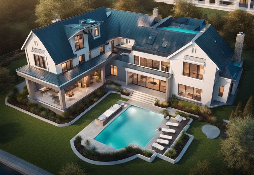 Modern photorealistic illustration of a high-tech drone capturing images of a stunning multi-story house with a well-manicured lawn, showcasing the best drone for real estate photography in a teal color theme.