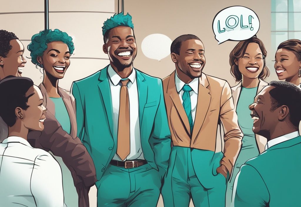 A modern photorealistic illustration featuring a diverse group of people in business attire laughing with comic speech bubbles containing the best real estate jokes, set against a teal color theme.