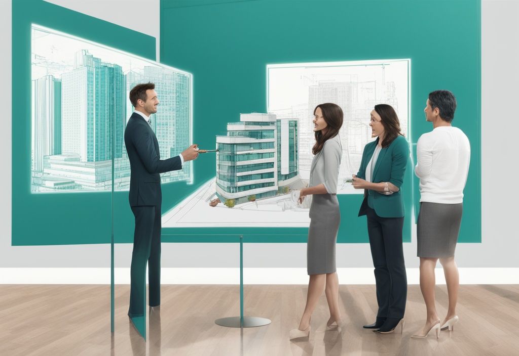 Modern photorealistic illustration of an agent explaining what does capping mean in real estate to a couple, using a teal-themed diagram and examples on a board.