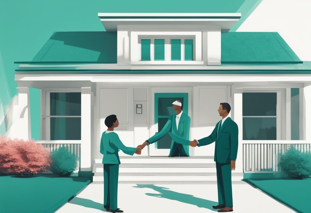 Photorealistic illustration of two people shaking hands in front of a sold property, exchanging a title deed, with a teal color theme, symbolizing marketable real estate title.