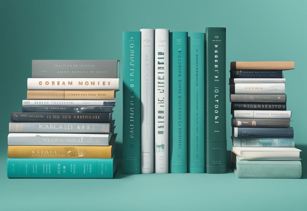 Photorealistic illustration of a teal-themed stack of ten diverse real estate books with visible titles.