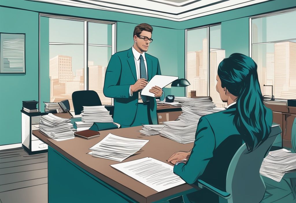 Modern photorealistic illustration of a confident attorney in teal-themed office, surrounded by real estate litigation documents.