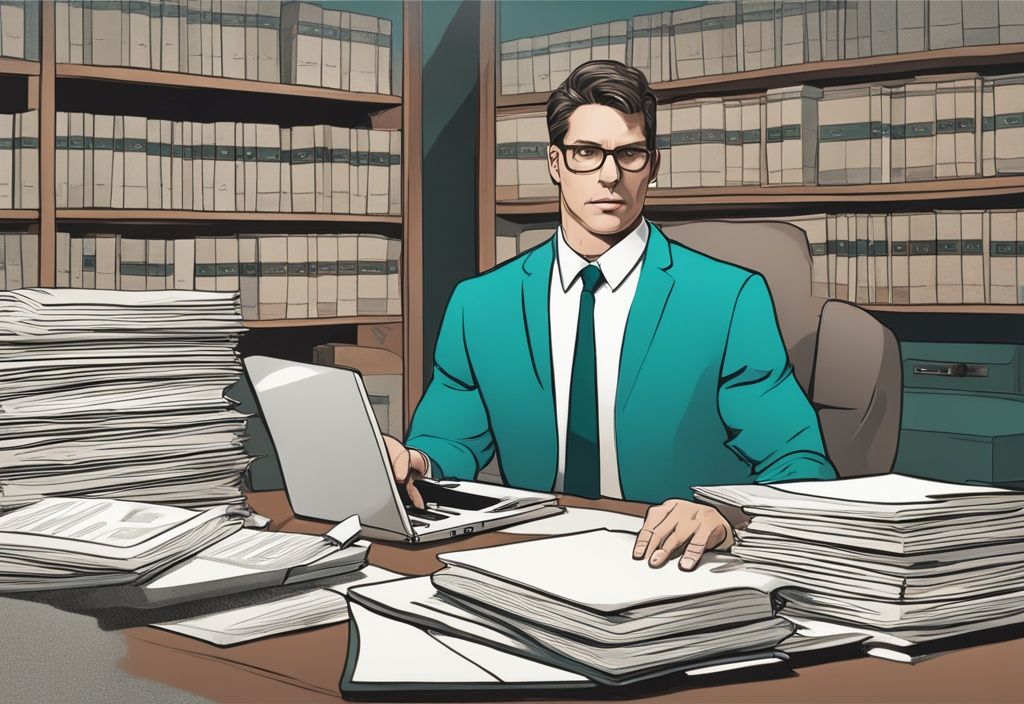 Modern photorealistic illustration of a stern-looking real estate litigation attorney in an office, surrounded by property files, comparing legal books and a laptop screen, highlighting the role of a lawyer in real estate disputes.