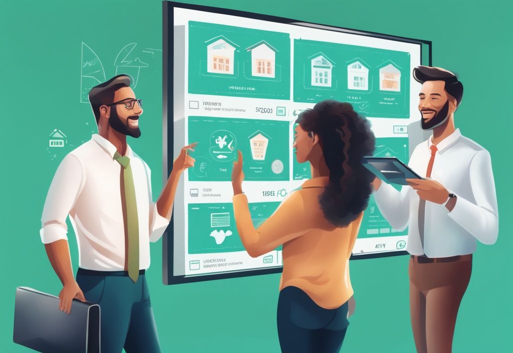 Real estate agent explaining creative financing options to young couple on interactive screen with teal theme, featuring icons of houses, money, and graphs.