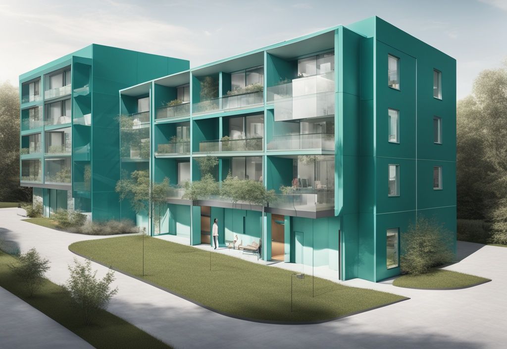 Modern photorealistic illustration of a residential building split in half, highlighting the shared party wall structure; a visual guide to understanding what is a party wall in real estate, with a teal color theme.