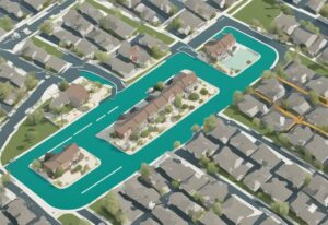 Modern photorealistic illustration of a neighborhood map with a teal color theme, highlighting a real estate parcel, answering the question of what is a parcel in real estate.