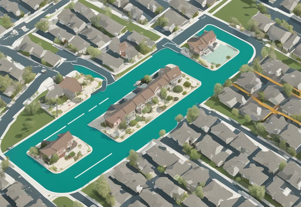 Modern photorealistic illustration of a neighborhood map with a teal color theme, highlighting a real estate parcel, answering the question of what is a parcel in real estate.