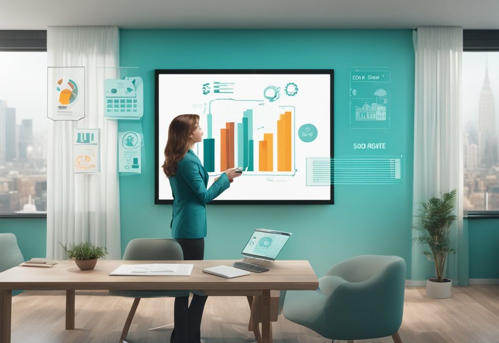 Modern photorealistic illustration of a real estate agent explaining what does BOM mean in real estate to potential homebuyers using symbols and charts on a digital screen, with a teal color theme.