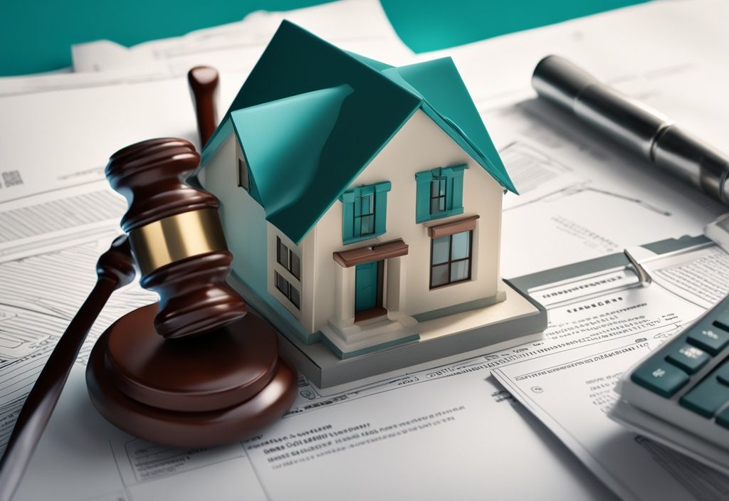 Photorealistic illustration of a gavel and house model on real estate documents with DOJ logo in teal theme.