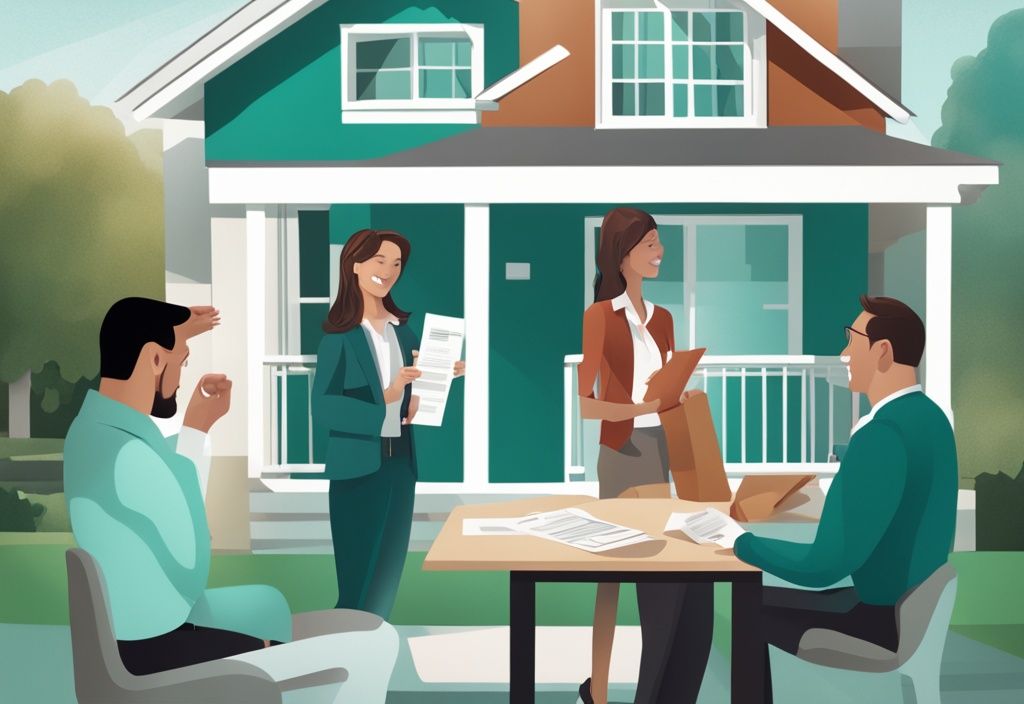 Photorealistic illustration of a real estate agent explaining CDA (Commission Disbursement Authorization) with infographics to a couple buying a house, teal color theme.