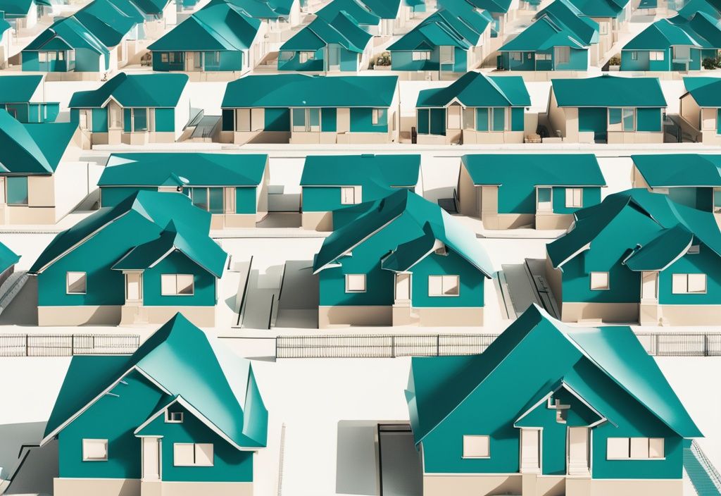 Photorealistic illustration of a real estate subdivision with teal-themed houses and distinct boundary lines, showcasing what is a subdivision in real estate.