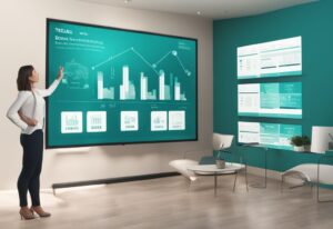 Modern photorealistic illustration of a real estate agent explaining what does BOM mean in real estate to homebuyers using symbols and charts on a digital screen, with a teal color theme.