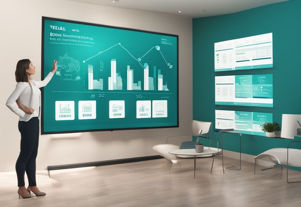 Modern photorealistic illustration of a real estate agent explaining what does BOM mean in real estate to homebuyers using symbols and charts on a digital screen, with a teal color theme.