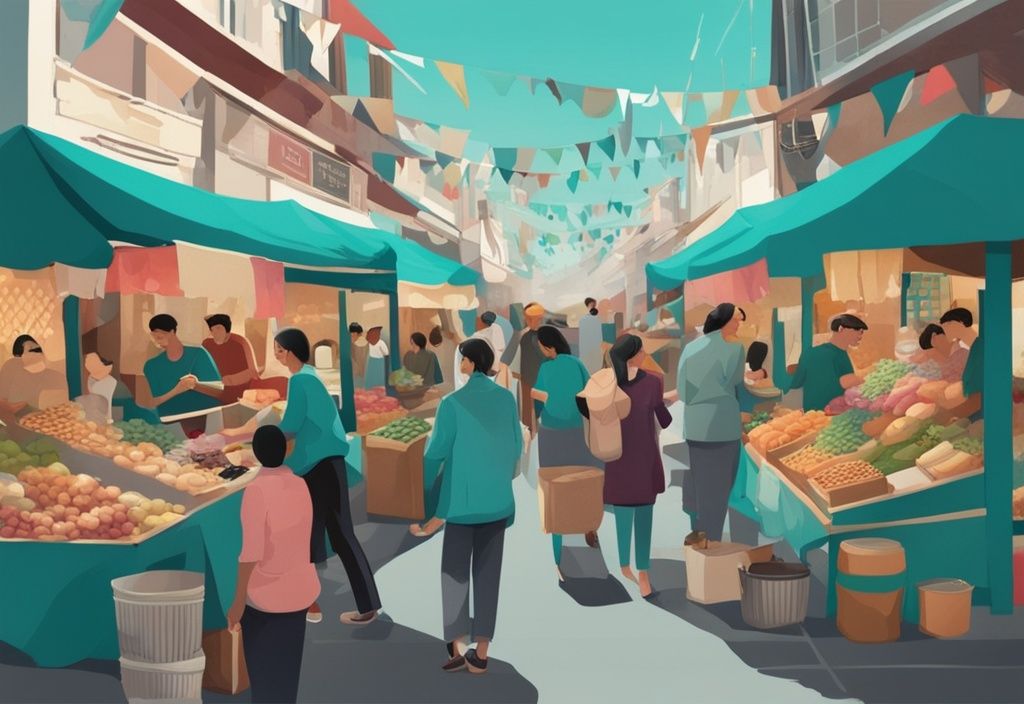 A modern photorealistic illustration of a bustling marketplace with vendors showcasing unique trade fixtures, highlighting the concept of trade fixture in real estate, set against a vibrant teal color theme.