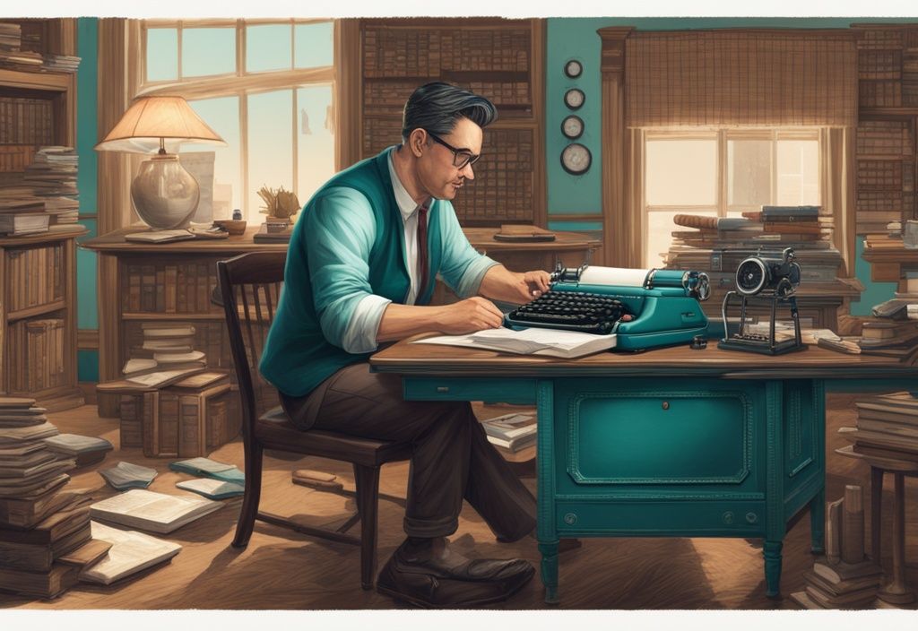 A real estate novelist writing at an antique desk with a vintage typewriter, surrounded by books and real estate blueprints, in a modern photorealistic illustration with a teal color theme.