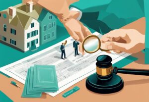 Photorealistic illustration collage with teal theme featuring a magnifying glass over a contract, handshake, house, and scales of justice, exploring the question: is wholesaling real estate legal?