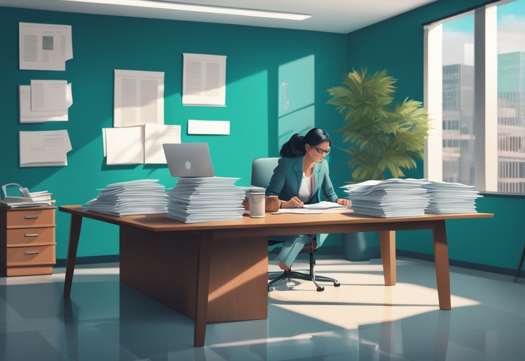 Modern teal-themed real estate office scene with agent analyzing Offering Memorandum document.