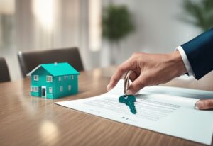 Photorealistic illustration of a teal-themed real estate transaction, featuring a person handing over a house key and a 'Unilateral Real Estate Contract' document, illustrating what is a unilateral contract in real estate.