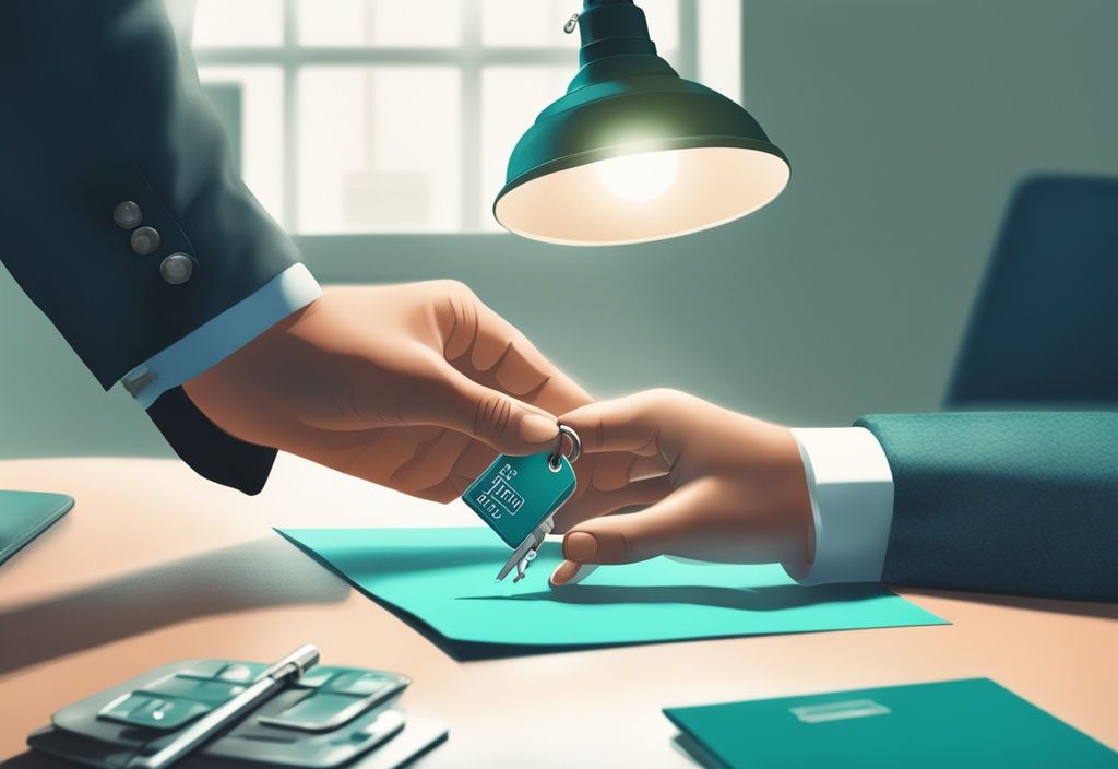 A photorealistic illustration depicting a hand passing house keys to another over a document titled "Power of Attorney," highlighting what is POA in real estate, with a teal color theme and a desk lamp illuminating the scene.