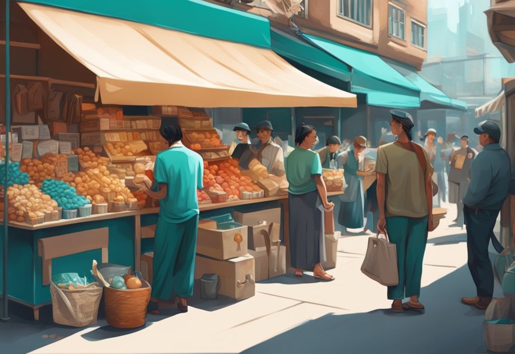 Modern photorealistic illustration of a teal-themed marketplace with a charismatic seller showcasing items to an interested buyer.