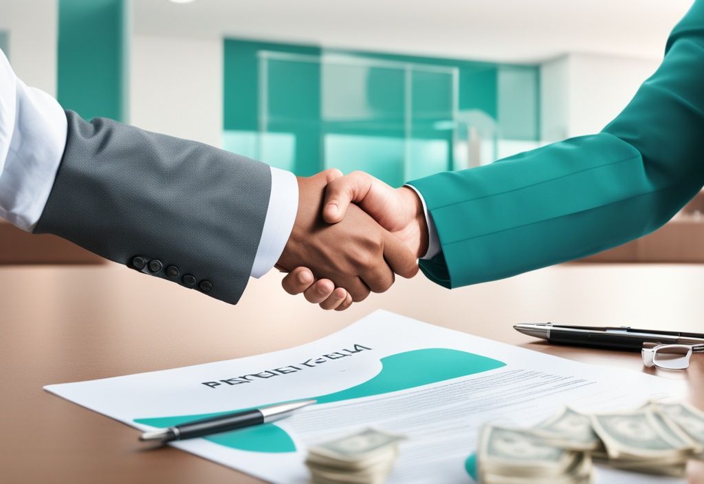 Real estate agent shaking hands with customer, house deal contract and money exchange in background, teal theme.