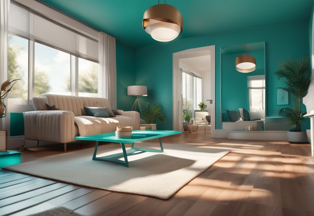 Modern photorealistic illustration of a professional-grade camera with best lens for real estate photography, showcasing a spacious, beautifully lit house interior reflected in the lens, with a teal color theme.