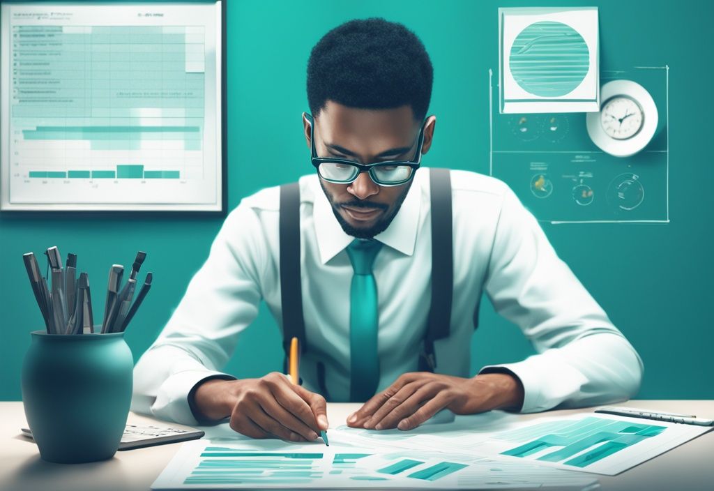 Photorealistic illustration of a focused professional working with business key performance indicators in a teal-themed setting.