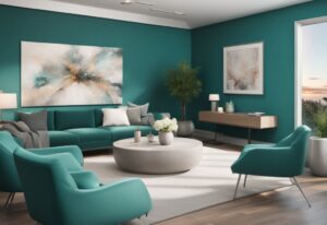 Modern photorealistic illustration of a confident real estate agent using a digital presentation to demonstrate how to attract international real estate buyers, with a multicultural audience, in a luxurious teal-themed setting.