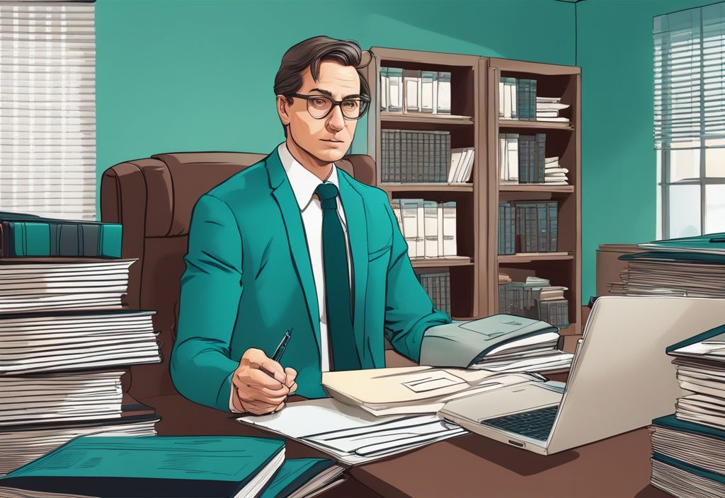 Modern photorealistic illustration of a stern real estate litigation attorney in an office, surrounded by property files, legal books, and a laptop, with a teal color theme.