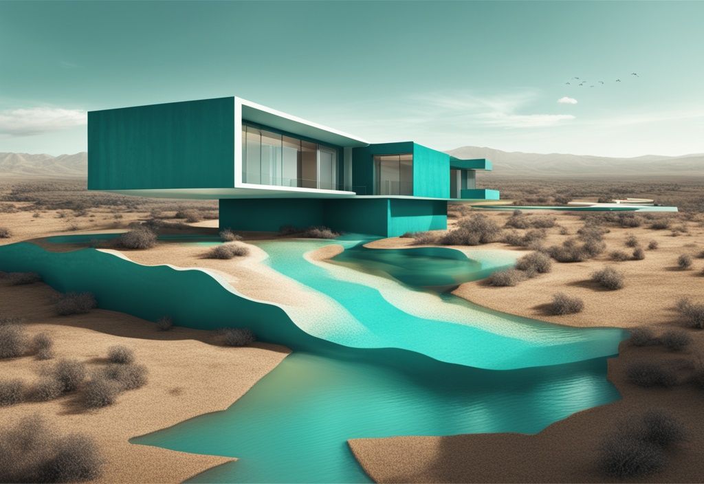 Photorealistic illustration of land expansion through natural accretion in real estate, featuring a teal color theme and adjacent properties.