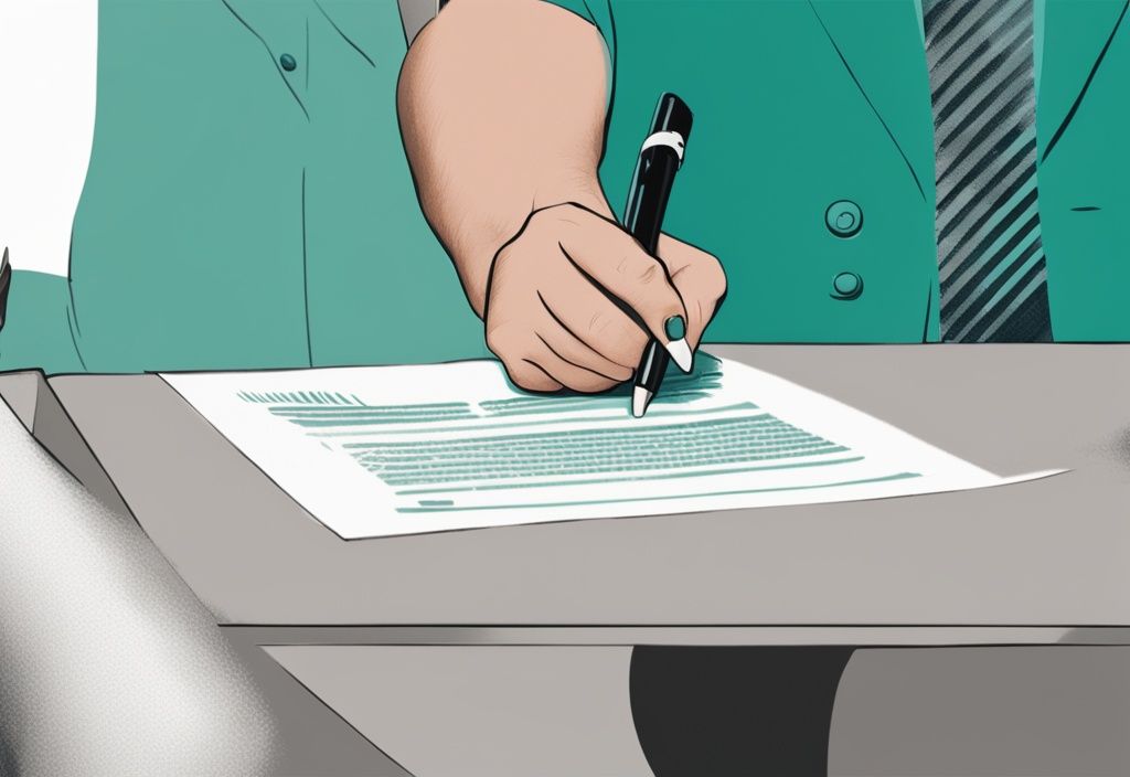 Photorealistic teal-themed illustration of a hand signing a real estate contract, depicting a unilateral agreement with an empty chair.