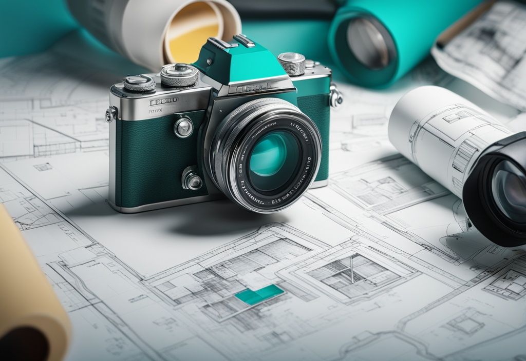 Modern teal-themed photorealistic illustration of a high-end camera on a house blueprint, surrounded by stunning property photos.