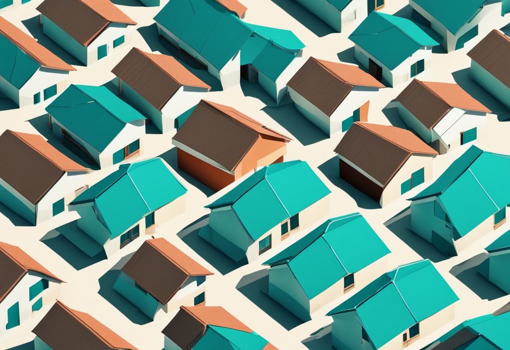 Modern photorealistic illustration of a teal-themed subdivision in real estate, showcasing neatly arranged houses with distinct boundary lines, answering the question: what is a subdivision in real estate.