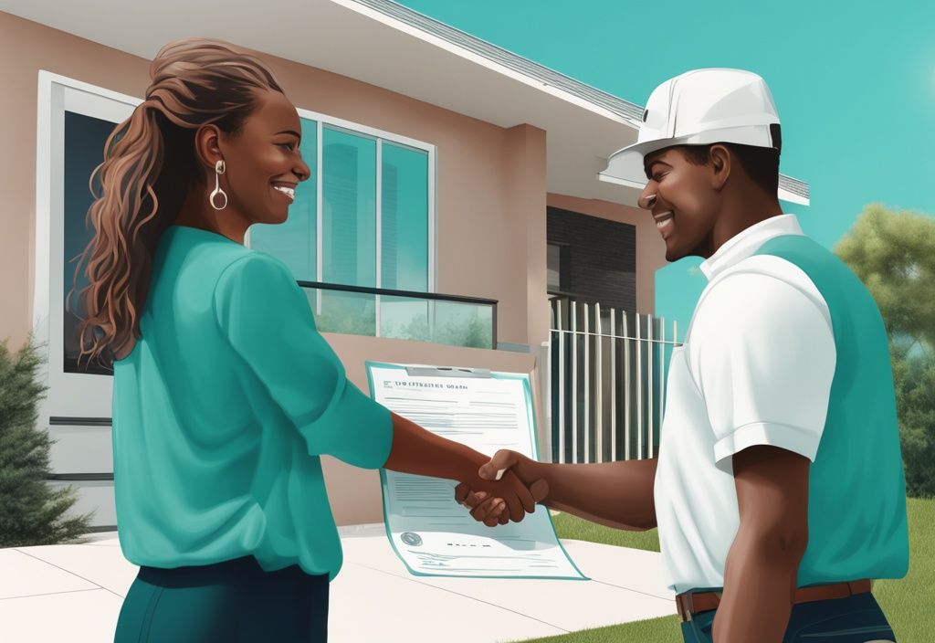 Photorealistic illustration of two people shaking hands in front of a sold property, exchanging a title deed, representing marketable title in real estate with a teal color theme.