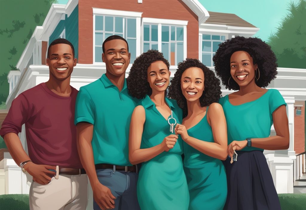 Diverse young adults celebrating new home purchase with house keys and 'Sold' sign, modern photorealistic teal-themed illustration.