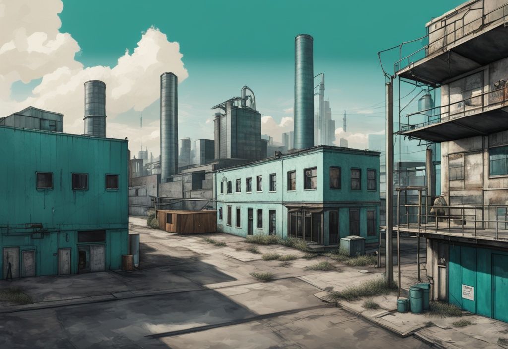 Photorealistic illustration of external obsolescence in real estate, depicting a teal-themed contrast between an old, deserted industrial area and a flourishing new business district in the background.