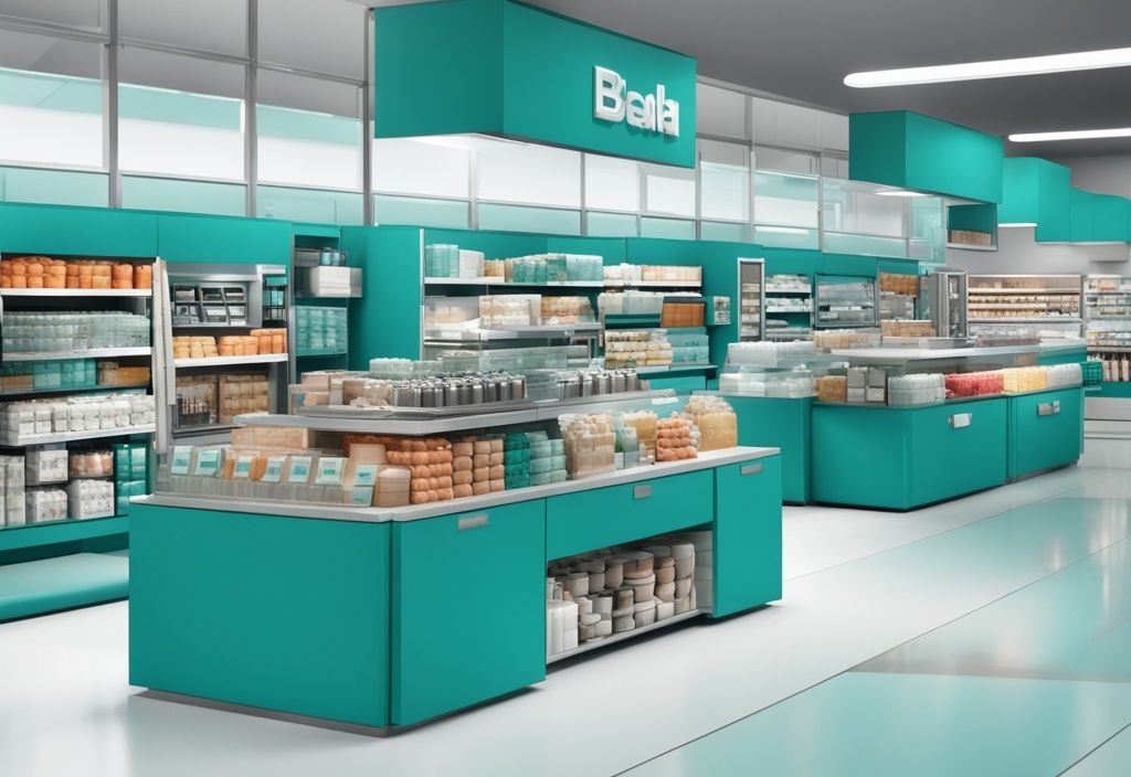 Modern shop interior with teal theme, featuring display racks, refrigeration units, and shelves filled with diverse products.