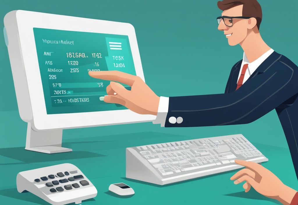 A modern photorealistic illustration of a real estate agent explaining what does EMV mean in real estate to a client, featuring a teal-themed computer screen displaying comparative market analysis data.