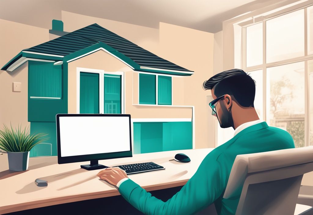 Real estate agent creating a blind ad on computer with blurred house and question mark, teal theme