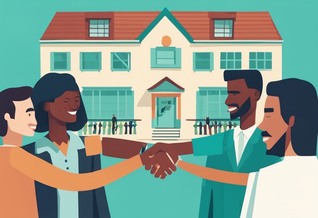 Photorealistic illustration of a real estate agent shaking hands with diverse international buyers, teal color theme.