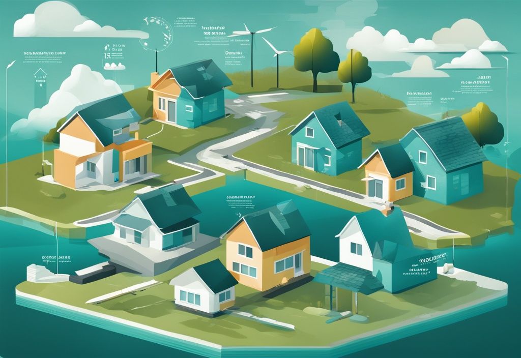 Modern photorealistic infographic in teal theme illustrating accretion in real estate with arrows showing land addition and icons of houses and buildings, answering the question: what is accretion in real estate.