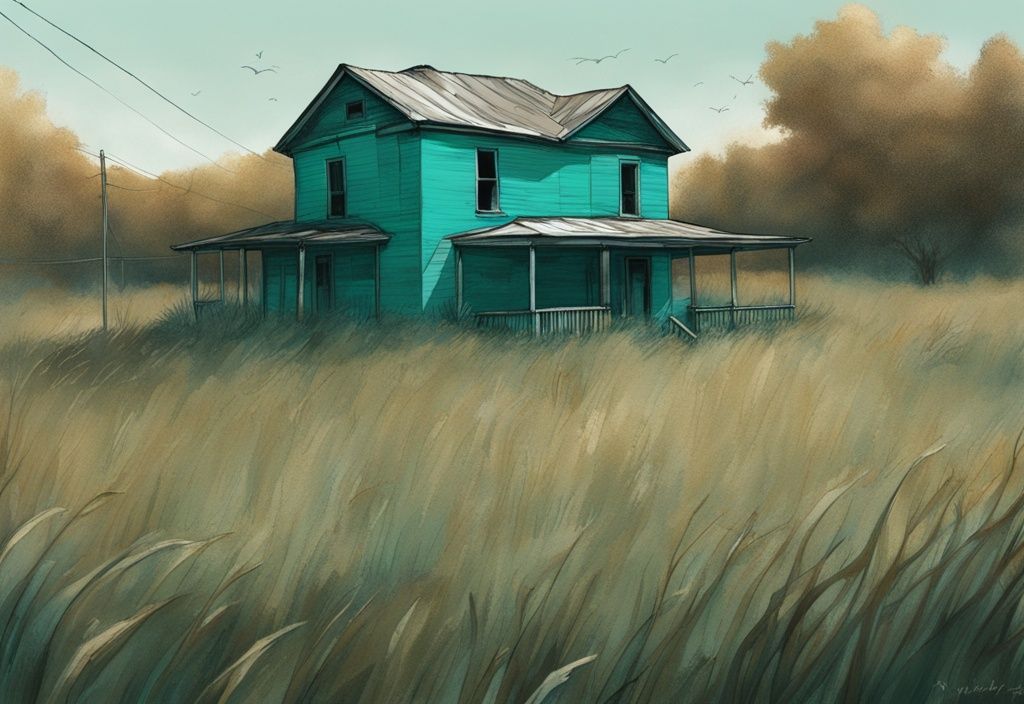 Abandoned dilapidated house in overgrown field, showcasing reliction real estate with a teal color theme.