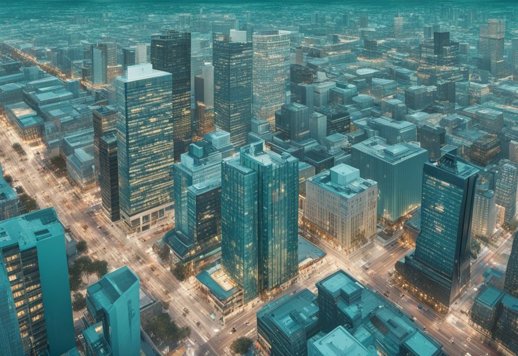 Modern photorealistic illustration of a bustling cityscape in teal, featuring middle market real estate with a mix of residential and commercial properties.