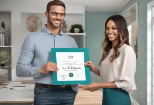 Modern photorealistic illustration of a smiling real estate agent handing a 'COE' (Certificate of Eligibility) document to a new homeowner, highlighting what does COE mean in real estate, with a teal color theme.