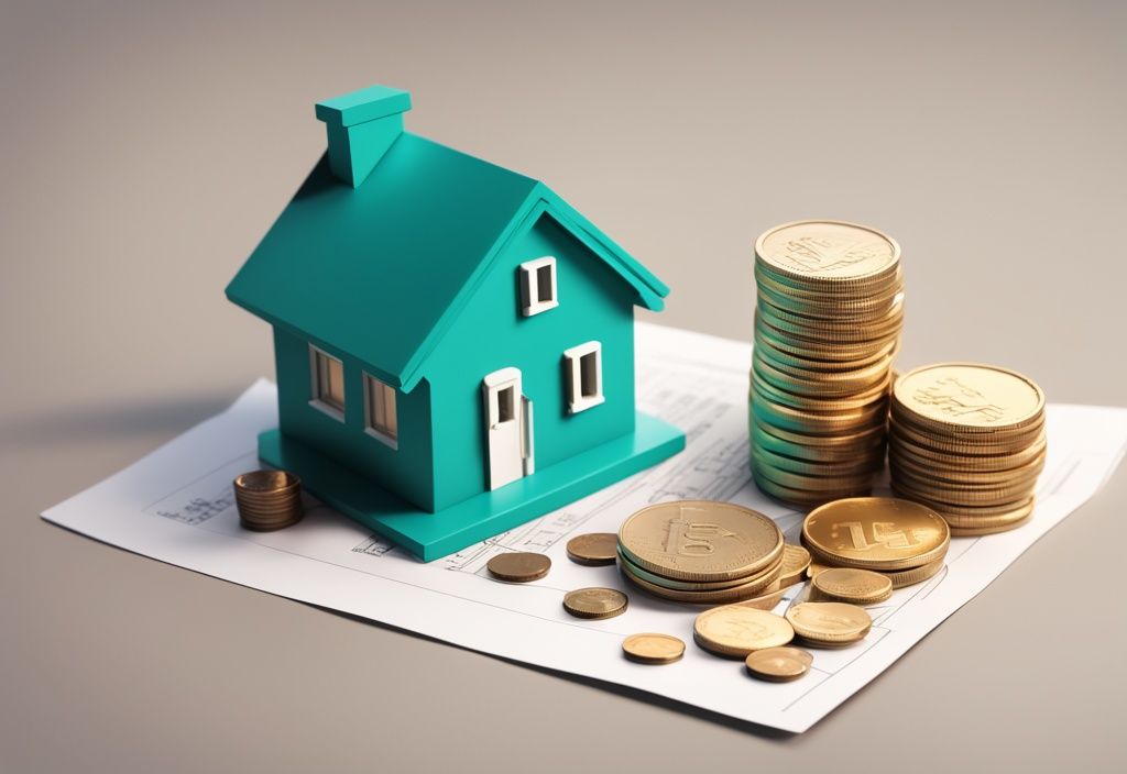 Photorealistic illustration of a teal-themed increasing coin pile and miniature house, symbolizing growing option fee in a sales contract context.