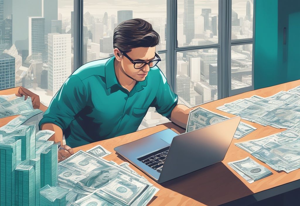 Photorealistic illustration of a person analyzing maps, dollar bills, and housing blueprints on a laptop, symbolizing real estate financial analysis, with a teal color theme.